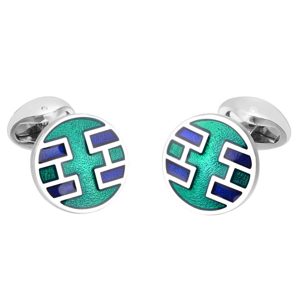 Round green enamel cufflinks with blue geometric pattern and silver backs