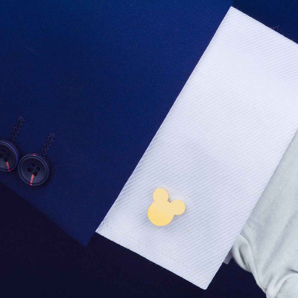 Glossy gold Mickey Mouse cufflinks, round Mickey heads with hinged backs