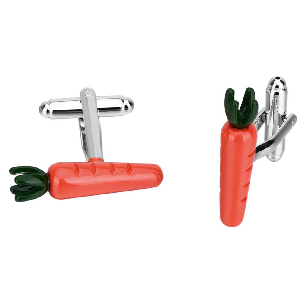 Carrot-shaped cufflinks with red carrot body, green tops, and silver bars