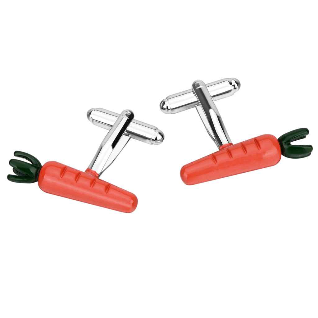 Carrot-shaped cufflinks with red carrot body, green tops, and silver bars