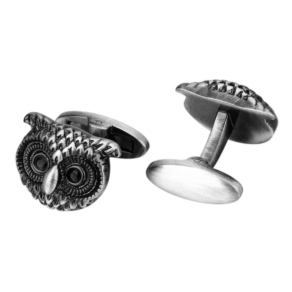 Antique silver owl cufflinks, detailed feather texture and round eye accents