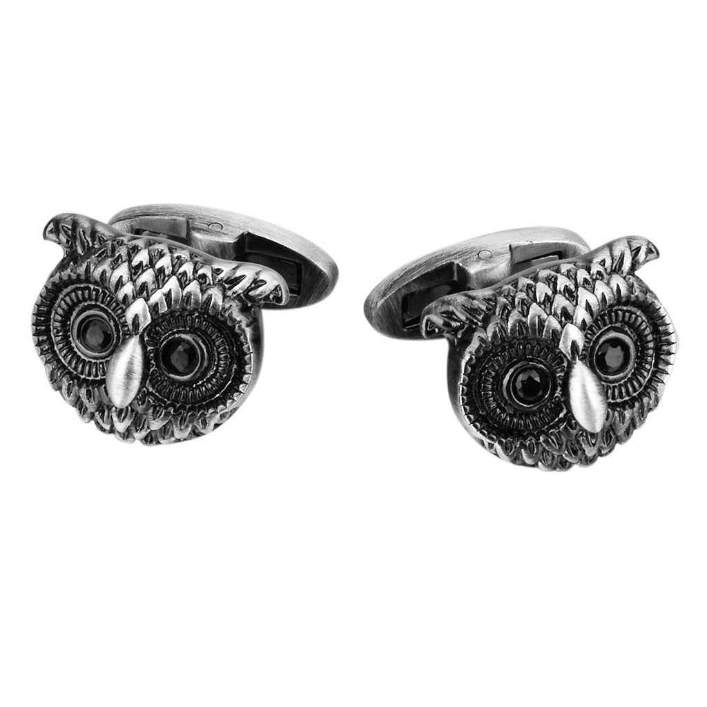 Antique silver owl cufflinks, detailed feather texture and round eye accents