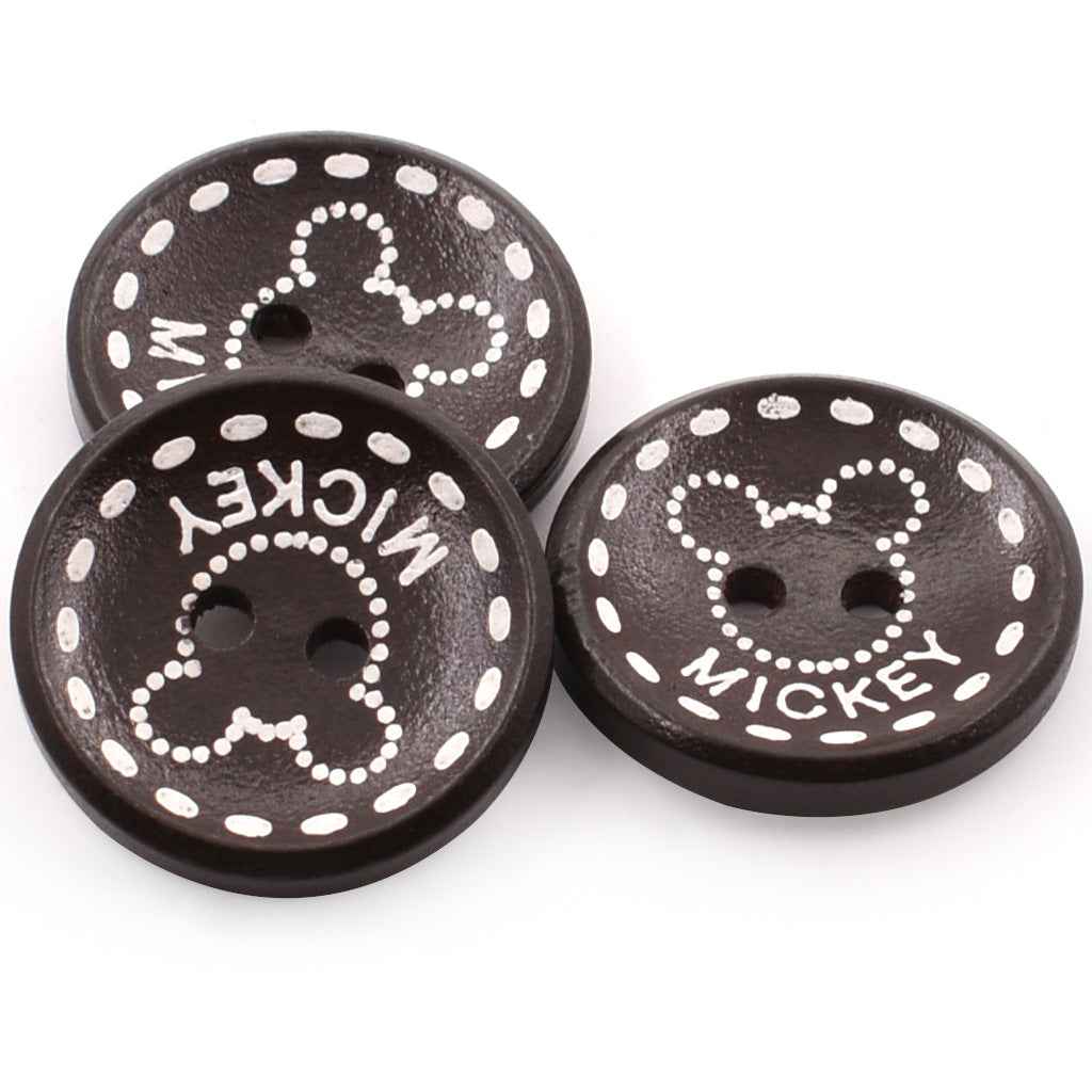 Round dark brown wood buttons with two holes; white polka dots and Mickey-style face
