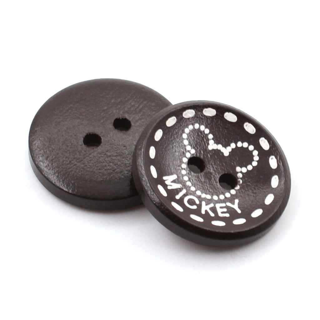 Round dark brown wood buttons with two holes; white polka dots and Mickey-style face