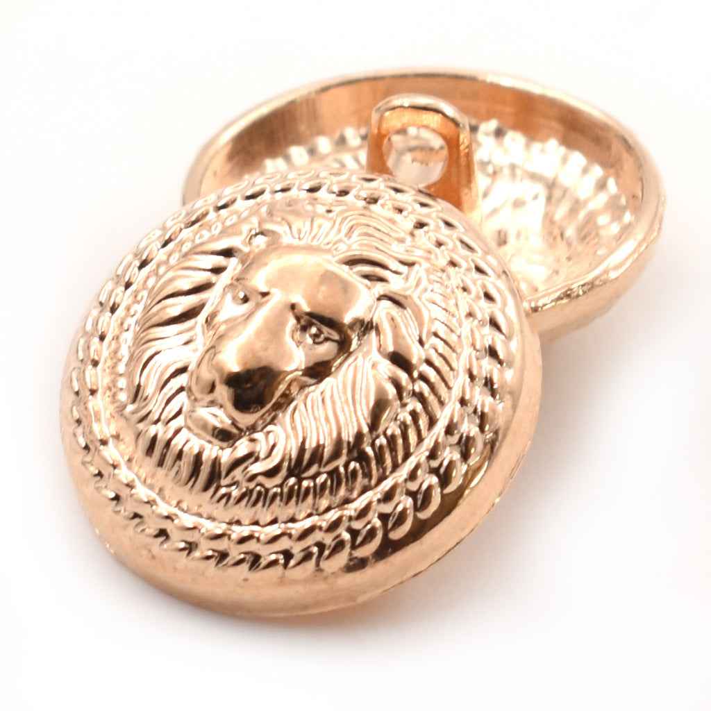 Antique gold lion head shank button, detailed mane and bearded face