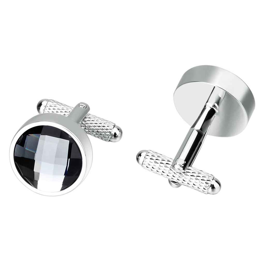 Round stainless steel cufflinks with faceted dark crystal centerpiece and textured bars