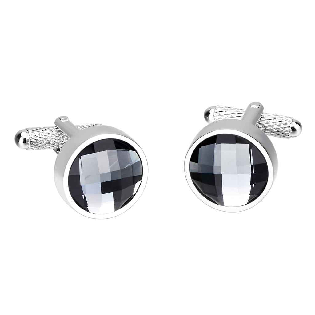 Round stainless steel cufflinks with faceted dark crystal centerpiece and textured bars