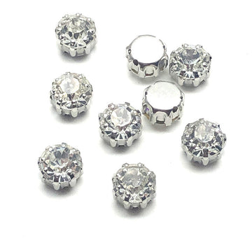 8mm round glass crystal buttons, 8-claw flat back, clear stones with silver settings