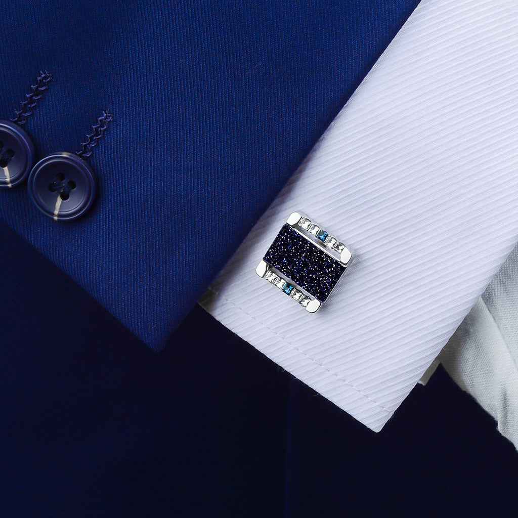 Square blue sandstone cufflinks with silver setting and sparkling stones