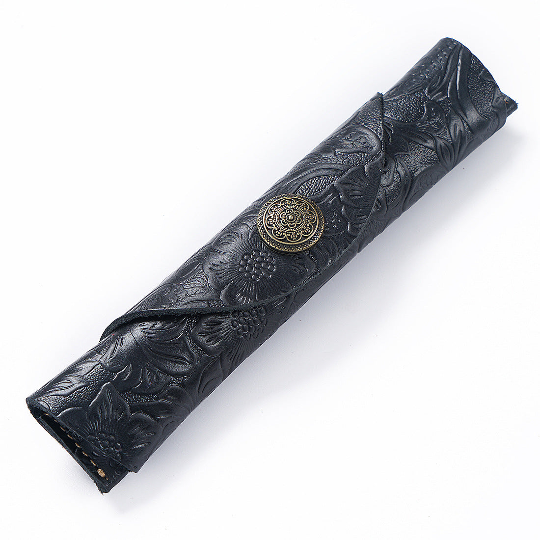Handmade Genuine Leather Fountain Pen Sleeve – Snap Button Roll Pouch Black