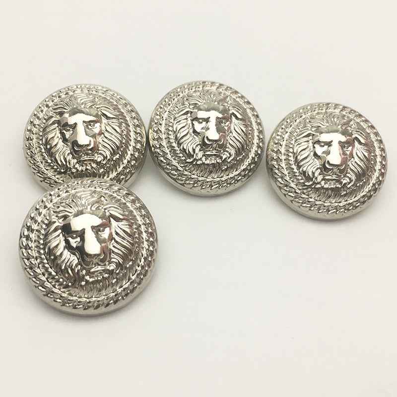 Gold lion head metal shank button set, round with ornate wreath detail