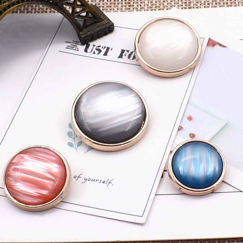 Cat-eye resin coat buttons, metal shank: pink, gray, white, blue fronts (pack view).