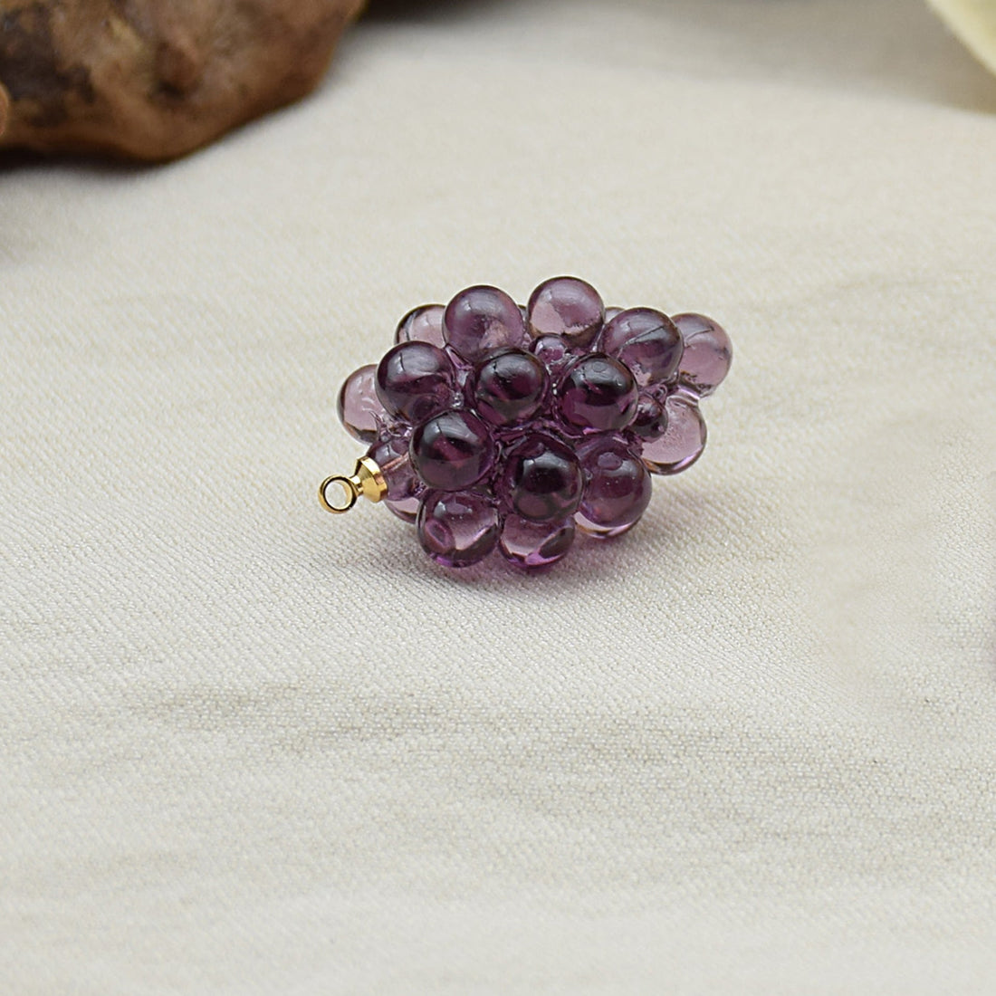 Purple 3D resin grape charm with gold loop, round bead clusters, jewelry making