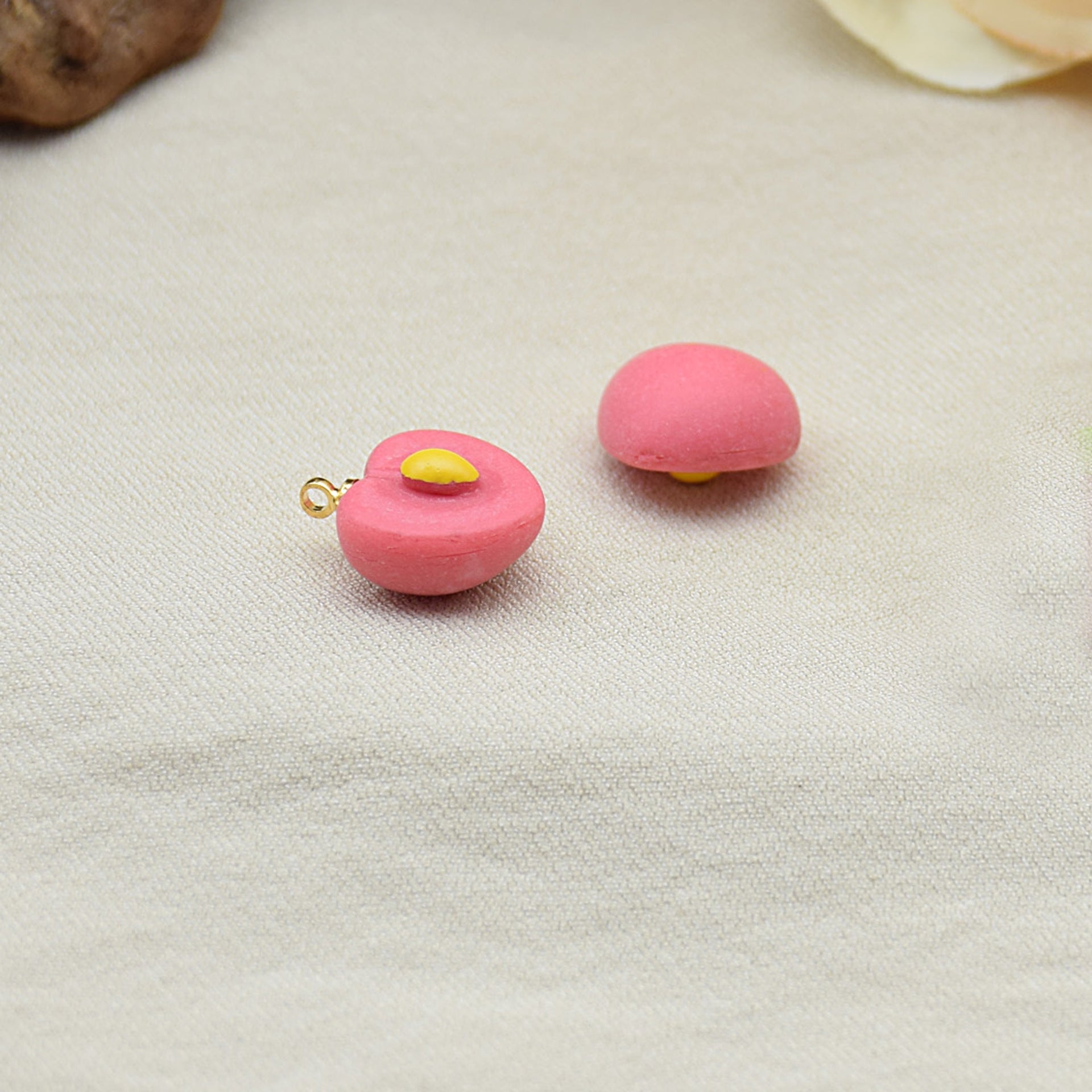 Pink 3D resin peach charms (half), with gold loop