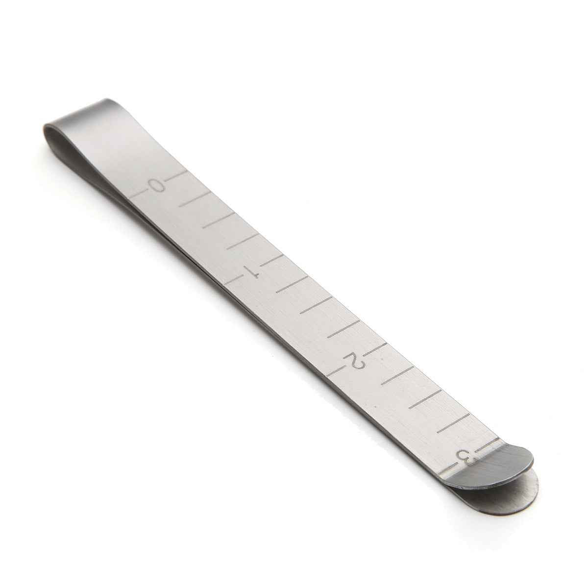 Stainless steel hemming clip with 3-inch engraved scale and rounded gripping ends