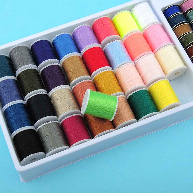 Assorted thread mini bobbins with light pastel and bright colors in compartment tray