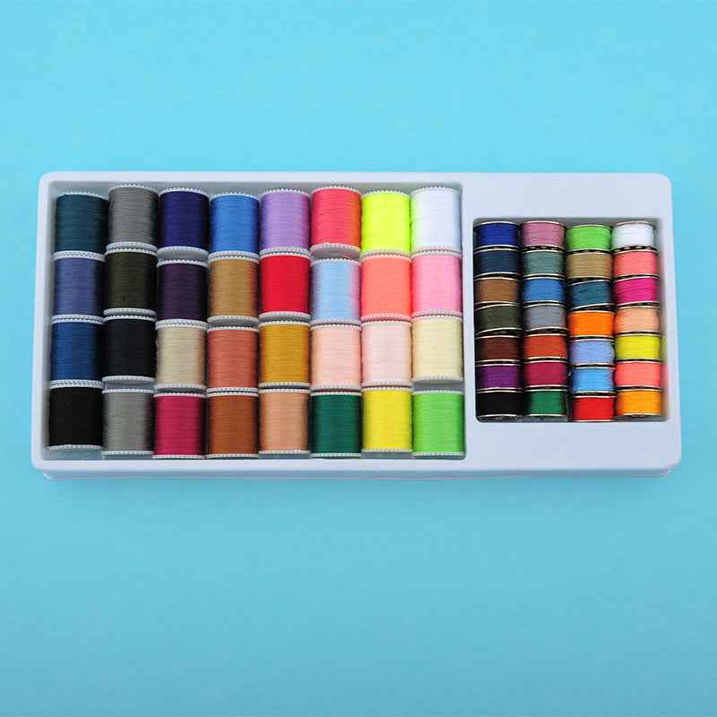 60 mini polyester thread bobbins in multicolor spools inside a storage box