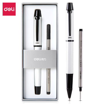DELI S153 Rollerball Pen - 0.5mm Black Ink with Black/White Metal White