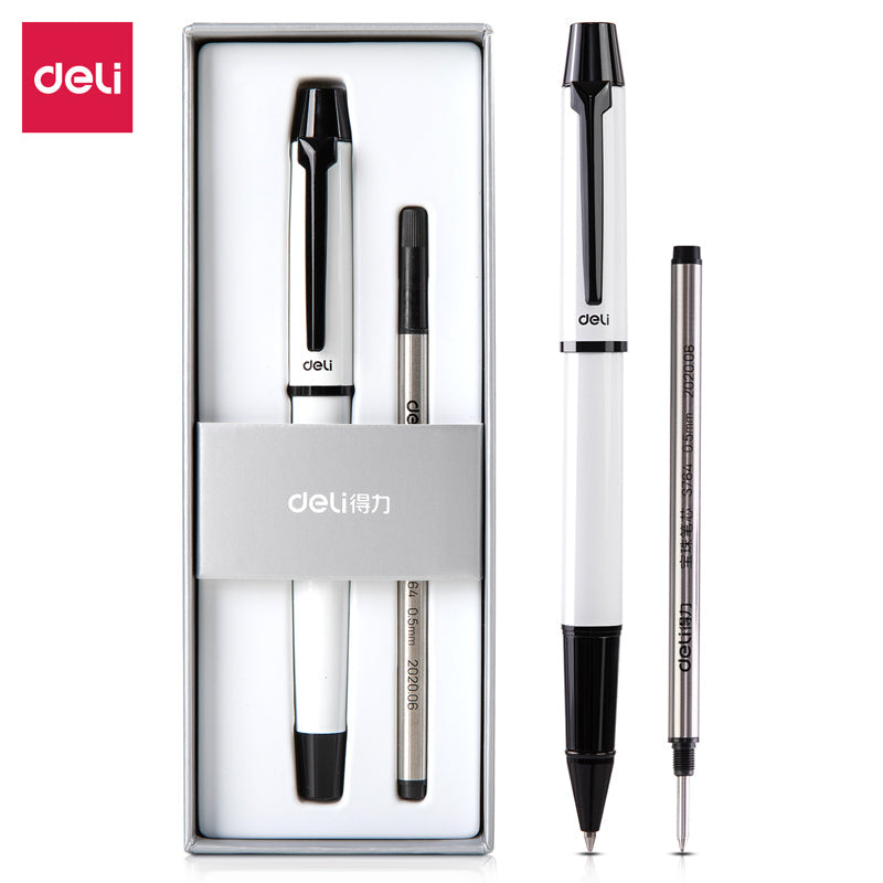 DELI S153 Rollerball Pen - 0.5mm Black Ink with Black/White Metal White