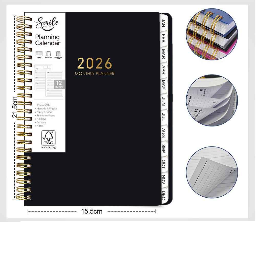 2026 Weekly and Monthly Planner Calendar A5 Black