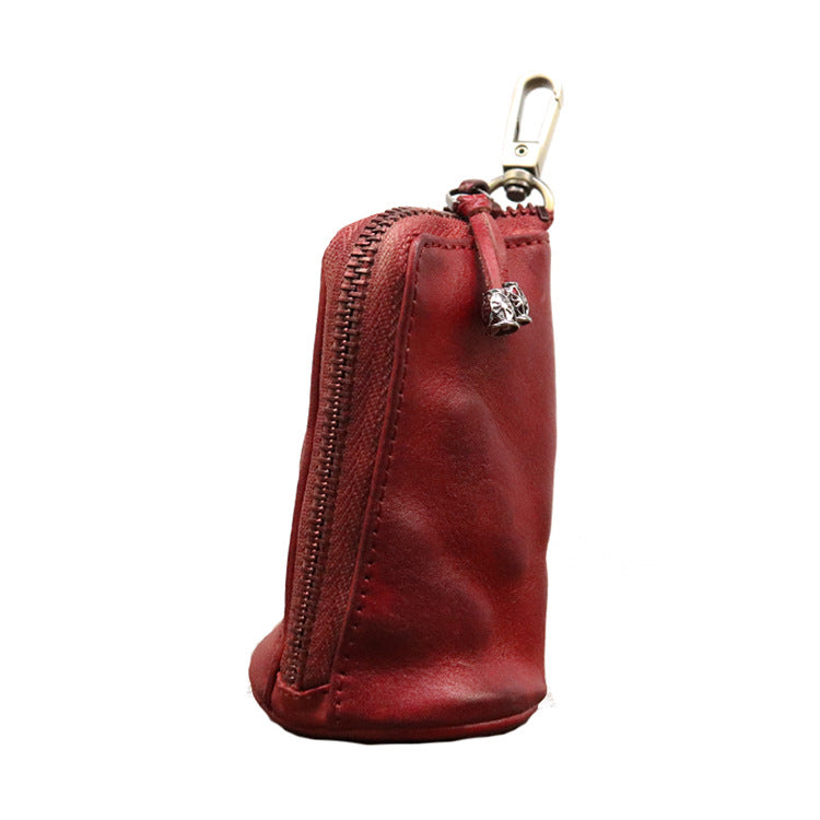Men's Vintage Vegetable-Tanned Leather Key Holder Pouch Red