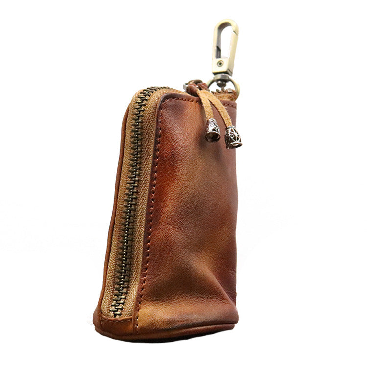 Men's Vintage Vegetable-Tanned Leather Key Holder Pouch Brown