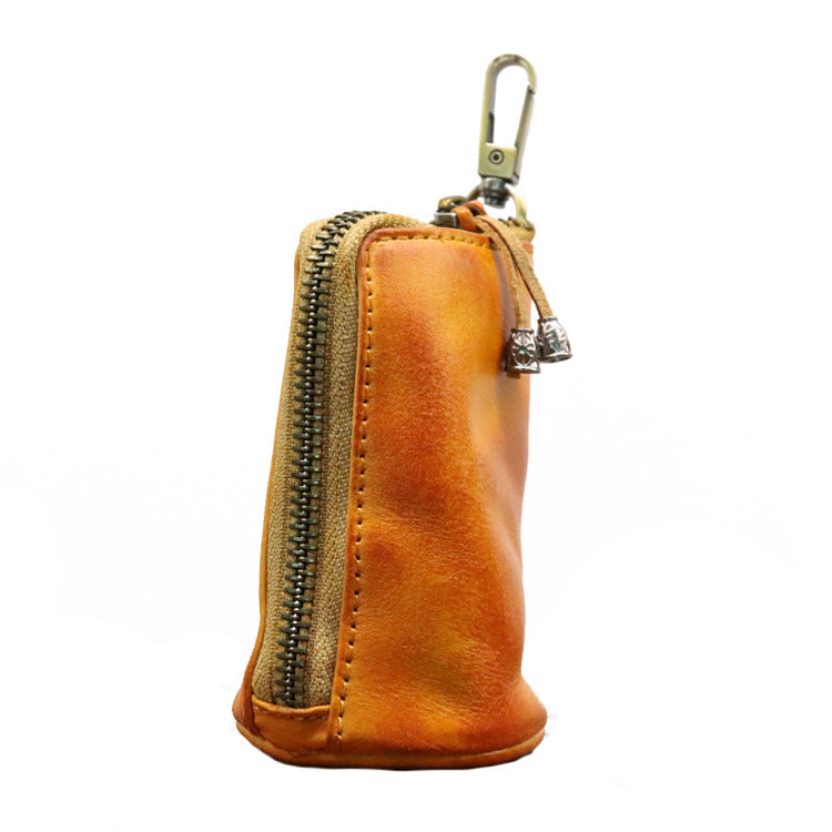 Men's Vintage Vegetable-Tanned Leather Key Holder Pouch Yellow Brown