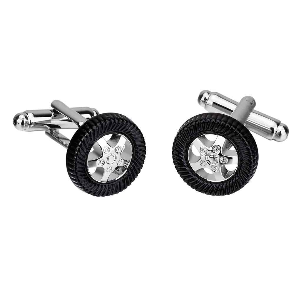 Black enamel tire-shaped cufflinks with silver posts and wheel centers