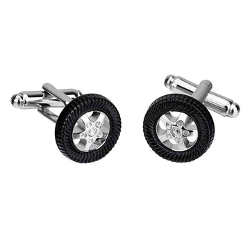 Black enamel tire-shaped cufflinks with silver posts and wheel centers