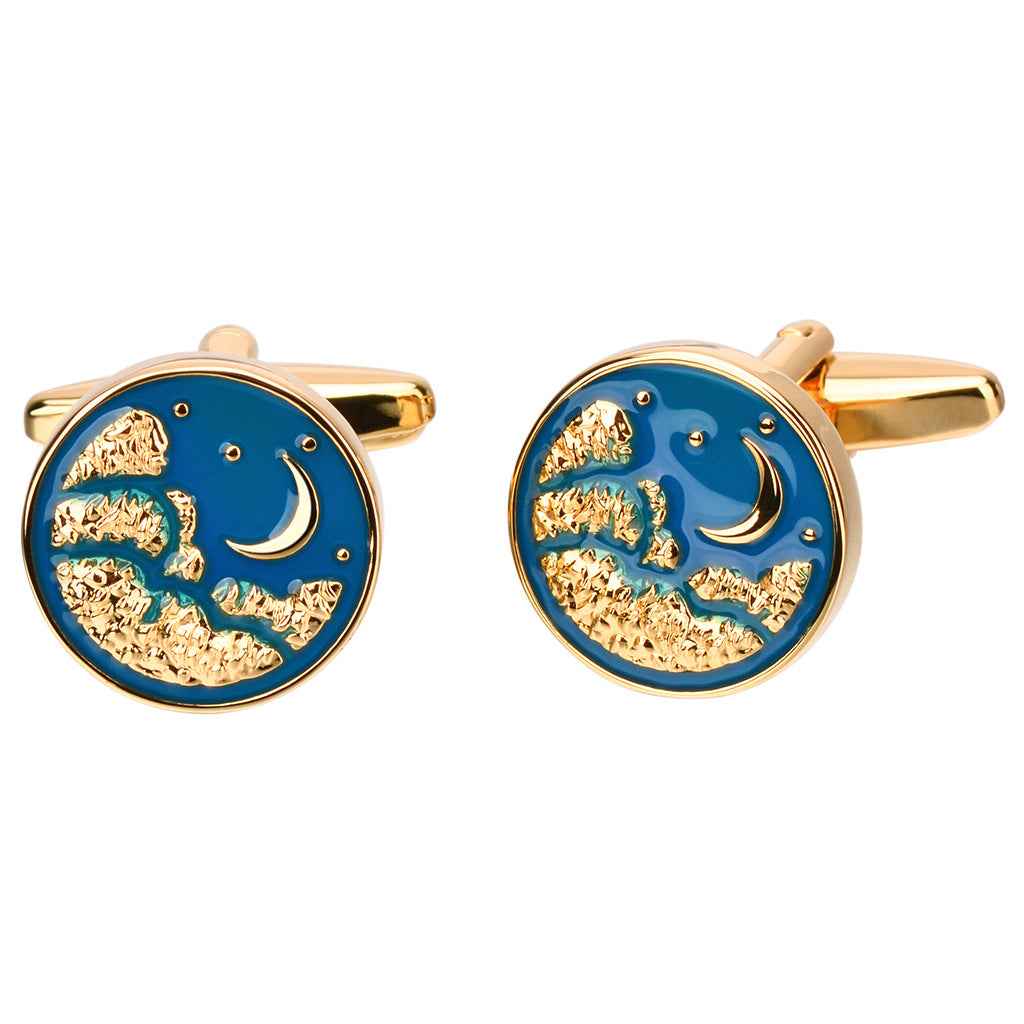 Gold-tone cufflinks with blue drip moon face enamel and star details