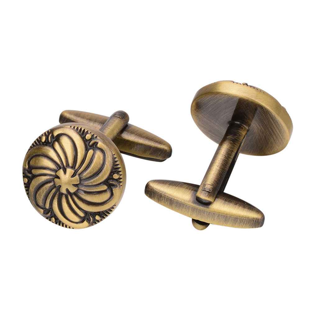 Round antique bronze cufflinks with engraved floral fan design, pair