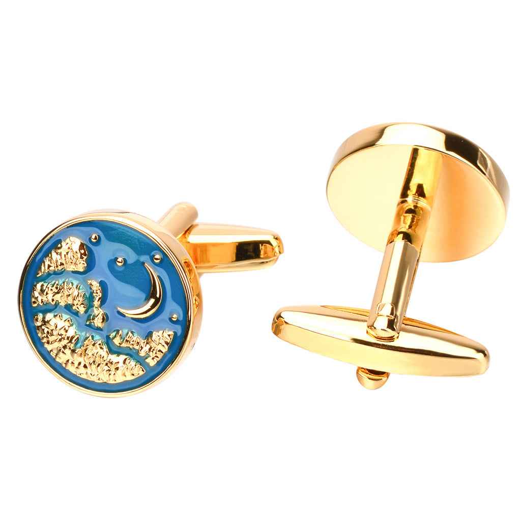 Gold-tone cufflinks with blue drip moon face enamel and star details