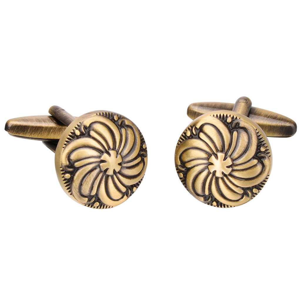 Round antique bronze cufflinks with engraved floral fan design, pair
