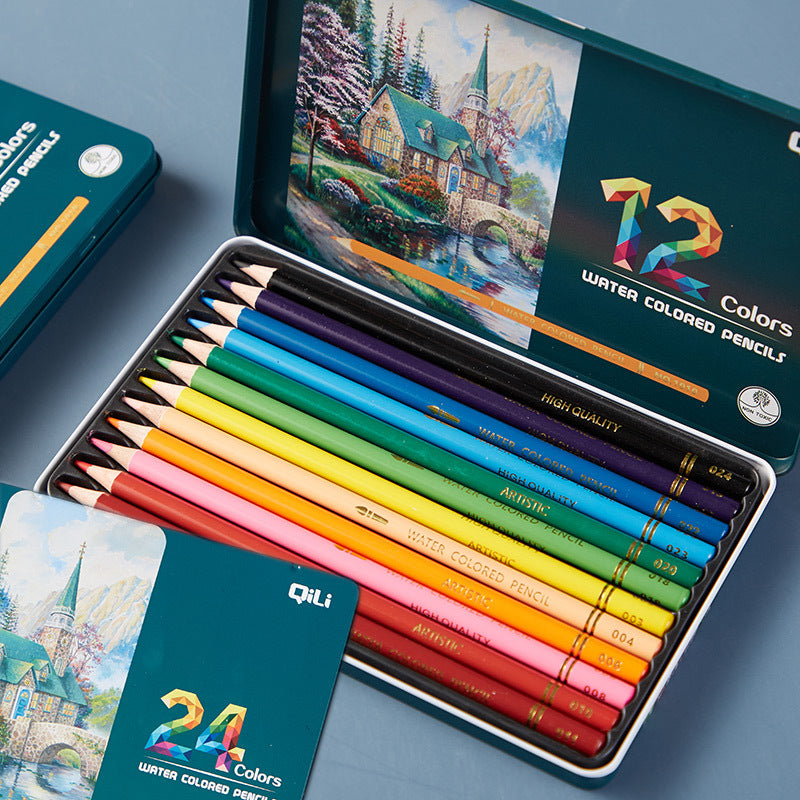 QiLi Wood Cased Water Colored Pencils - Tin of 12/24 Colors