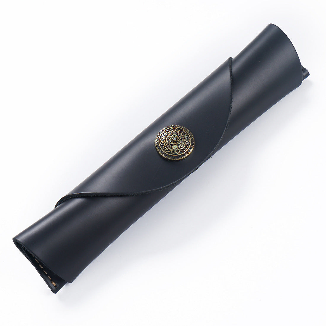 Handmade Genuine Leather Fountain Pen Sleeve – Snap Button Roll Pouch Oil Black