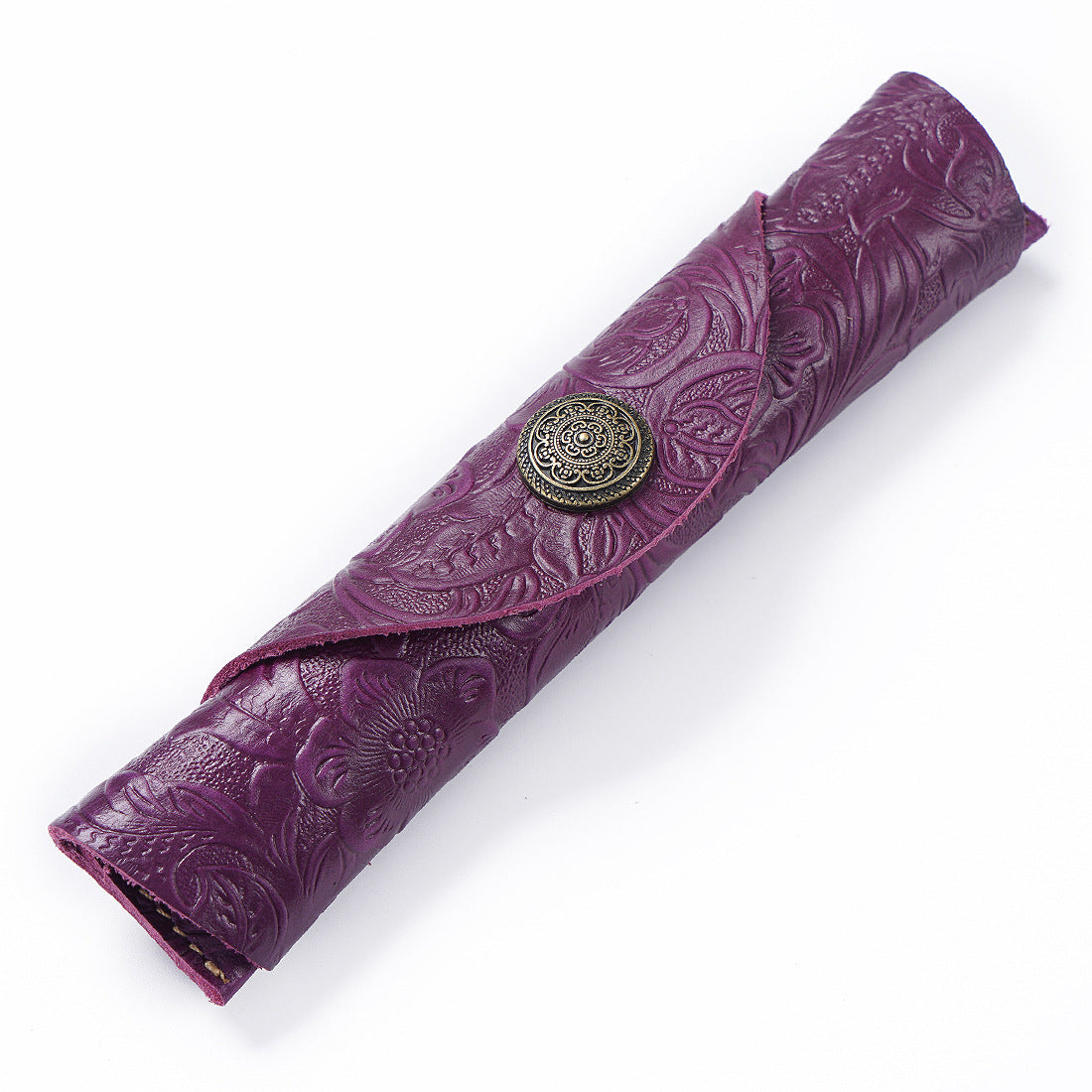 Handmade Genuine Leather Fountain Pen Sleeve – Snap Button Roll Pouch Purple