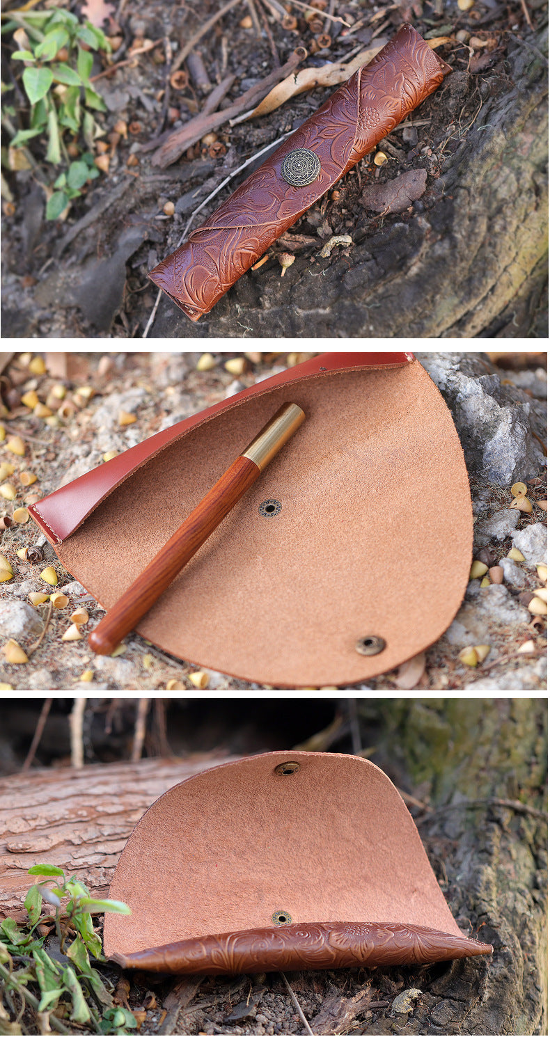 Handmade Genuine Leather Fountain Pen Sleeve – Snap Button Roll Pouch