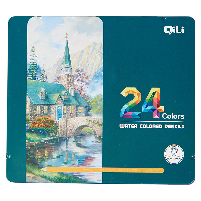 QiLi Wood Cased Water Colored Pencils - Tin of 12/24 Colors 12 Count