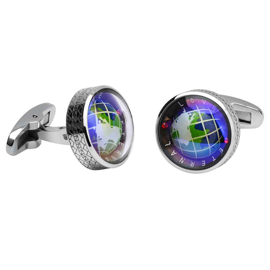 Blue rotating earth globe cufflinks with silver round bezel and world map design