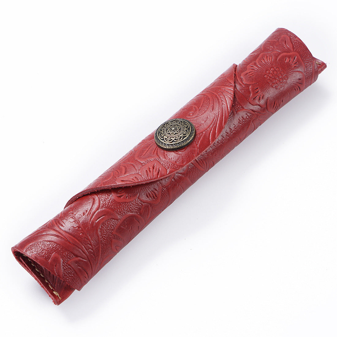 Handmade Genuine Leather Fountain Pen Sleeve – Snap Button Roll Pouch Red