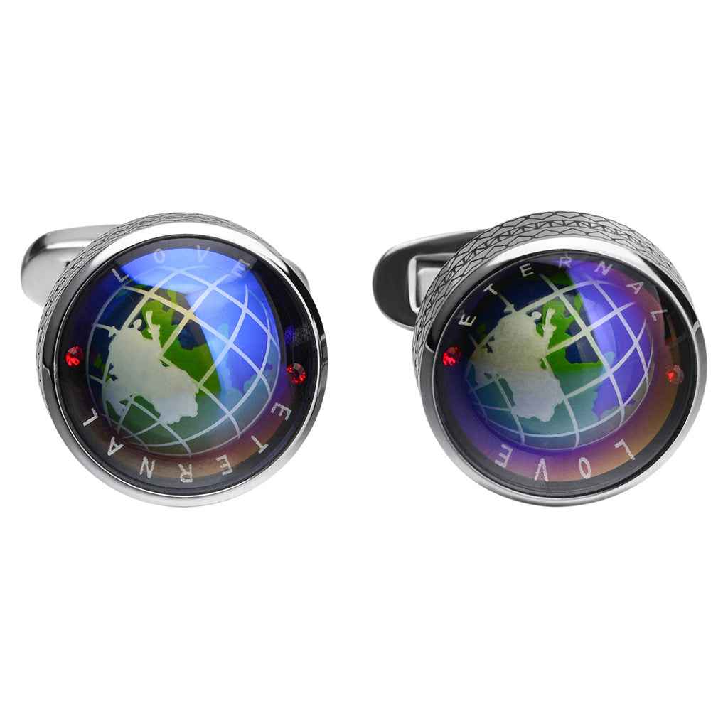 Blue rotating earth globe cufflinks with silver round bezel and world map design