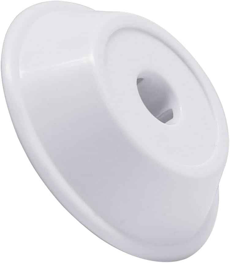 White spool pin cap base with center slot, curved underside close-up
