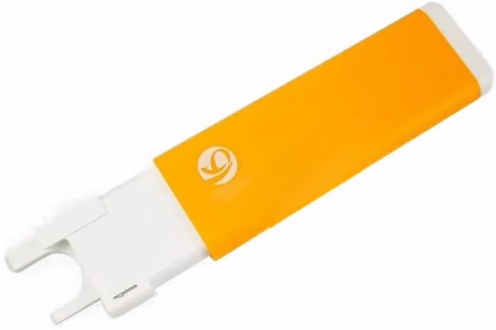 Yellow sewing machine needle threader with white fork for threading