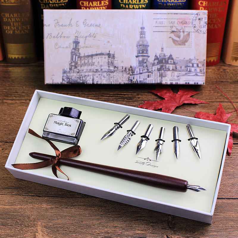 Wooden Dip Pen Calligraphy Quill Pen Ink 6 Nibs Set