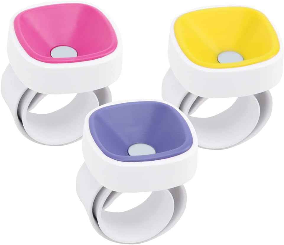 3-pack magnetic wrist pin cushions: pink, yellow, blue pads on white wrist bands.