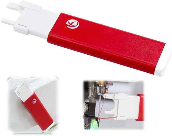 Sewing machine needle threader, red magnet tool with white prongs