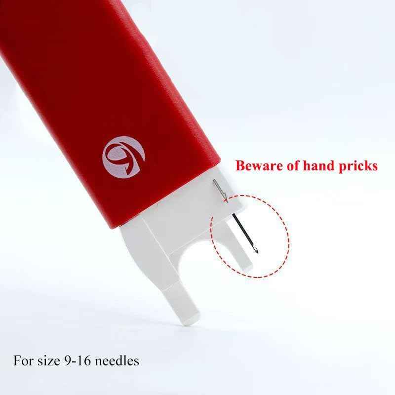 Red needle threader tool with safety tip for inserting into needle