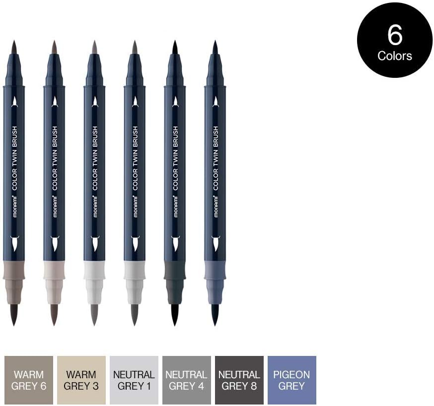 MONAMI Color Twin Brush Marker Pens,Grey Mood 6-Pack