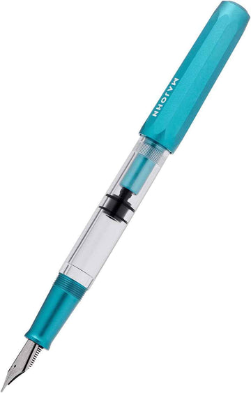 MAJOHN T1 Piston Fountain Pen,Aluminium Transparent,0.5mm Fine Nib Blue