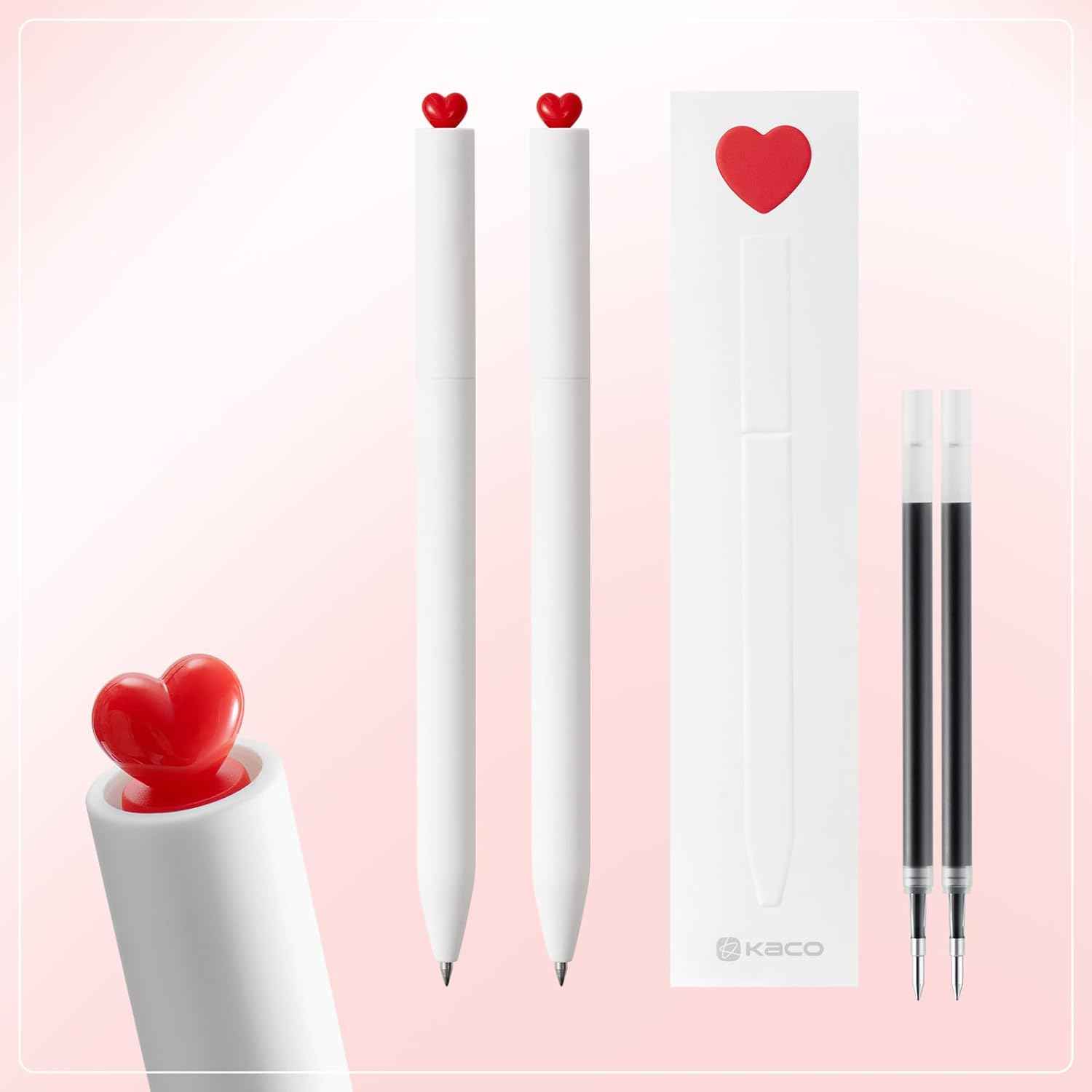 Kaco FIRST Gel Ink Pens,Cute Heart with Extra 4 Black Refills (2 White)